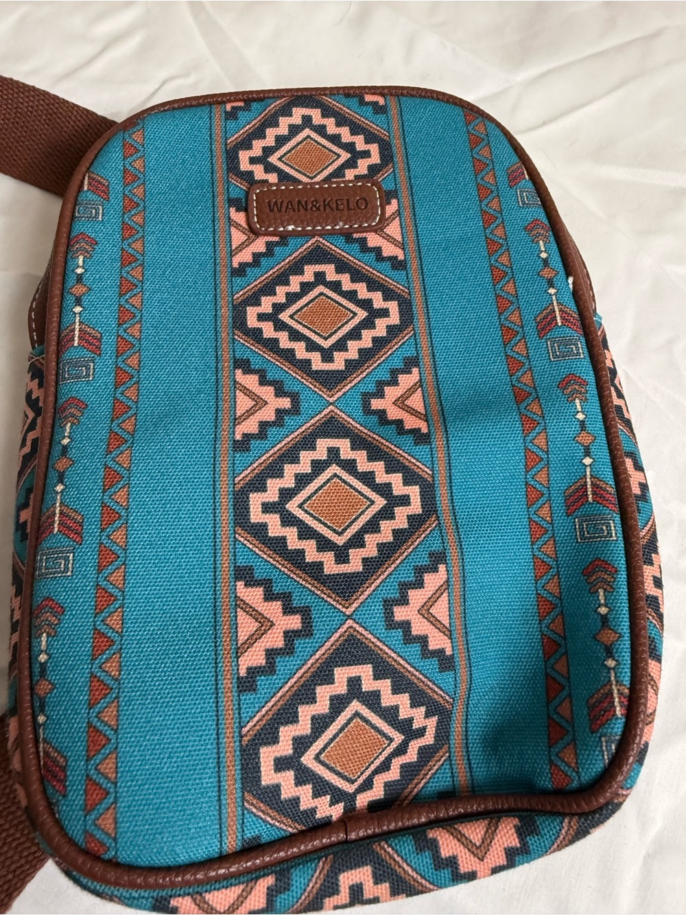 Wan & Kelo Teal Aztec Patterned Belt Bag with Brown Strap - Picture 3 of 10